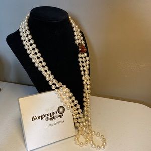Contempo Fashions Faux Pearl Necklace with Faux Topaz Clasp